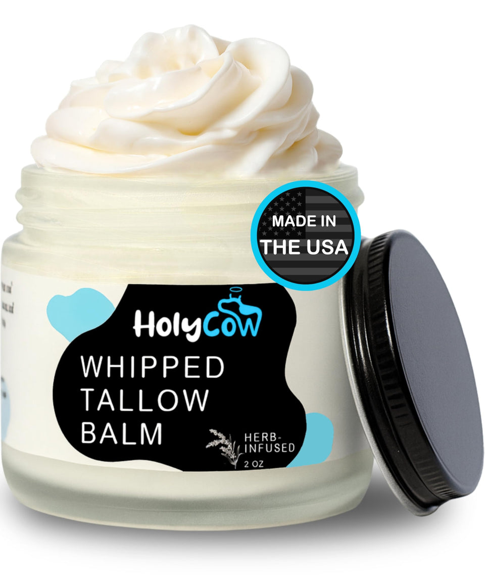 HolyCow front jar view showing whipped tallow balm and simple packaging benefits hydration