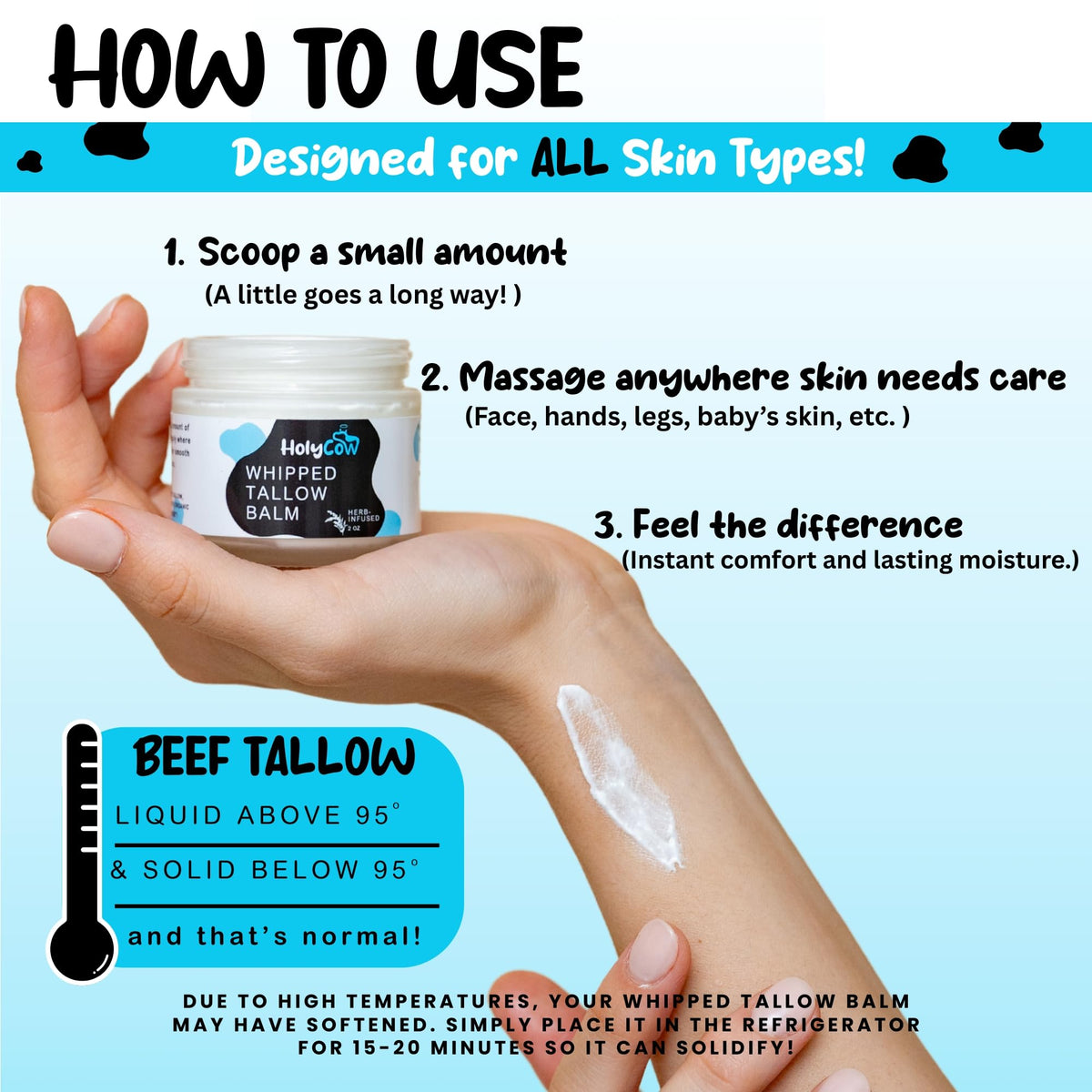 HolyCow ingredient label showing grass-fed tallow and organic jojoba for clean sourcing