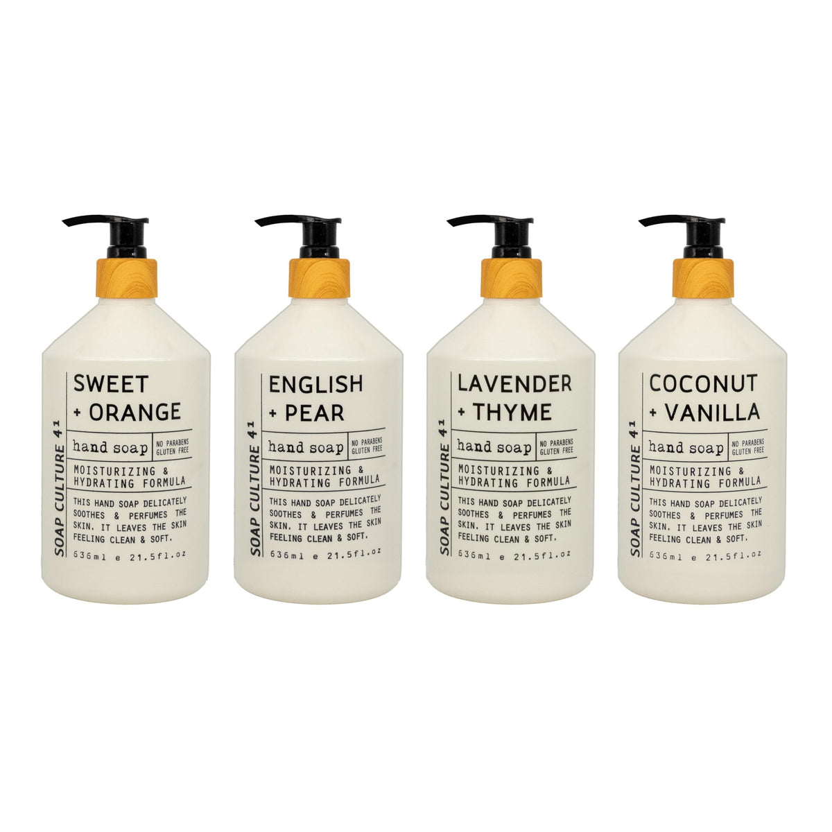 Home & Body Company front packaging showing four scented 21.5 fl oz bottles for convenient refills