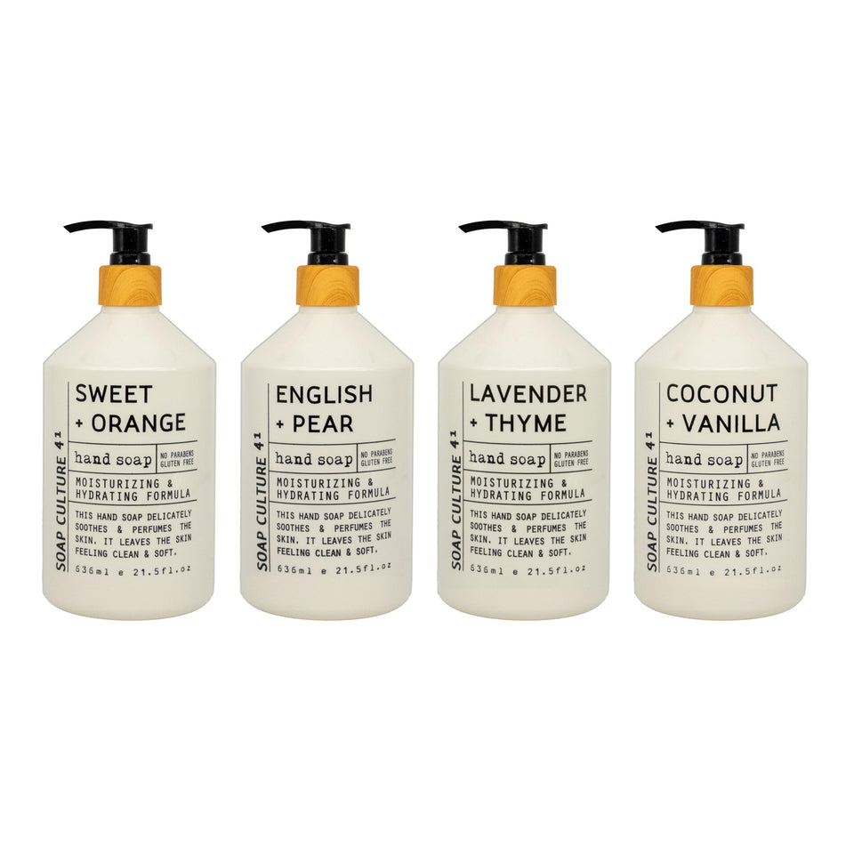 Home & Body Company front packaging showing four scented 21.5 fl oz bottles for convenient refills