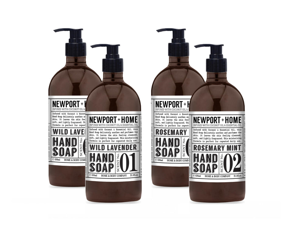 Home & Body Company Newport front packaging showing set of four bottles and scent labels promoting convenience