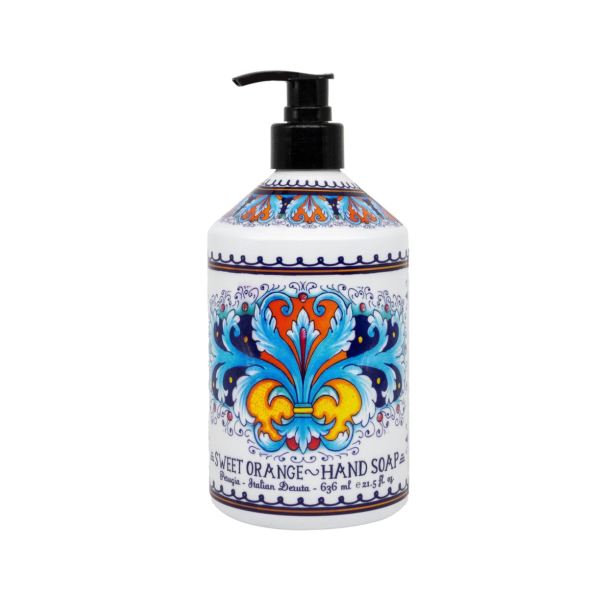 Home & Body Company label Deruta pattern detail showing decorative design and aesthetic appeal benefit
