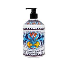 Home & Body Company label Deruta pattern detail showing decorative design and aesthetic appeal benefit