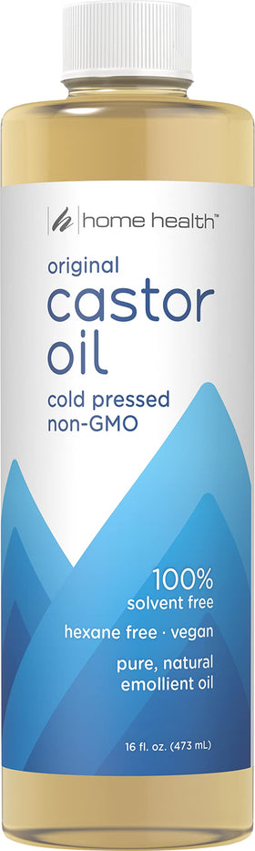 Home Health castor oil front bottle shows clean labeling and benefits