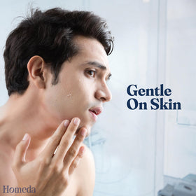 Homeda alum stone applied to face after shaving to soothe irritation and refresh skin