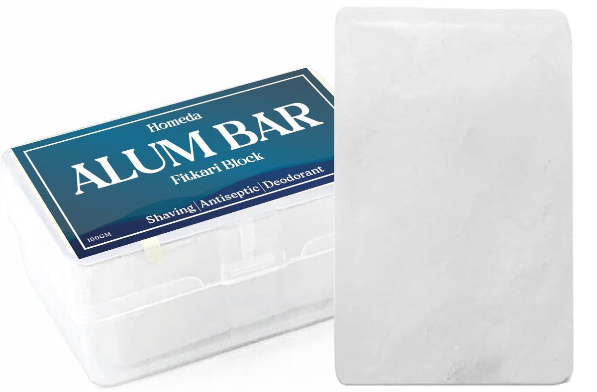 Homeda alum block front packaging showing 100g bar and case, convenient travel benefit