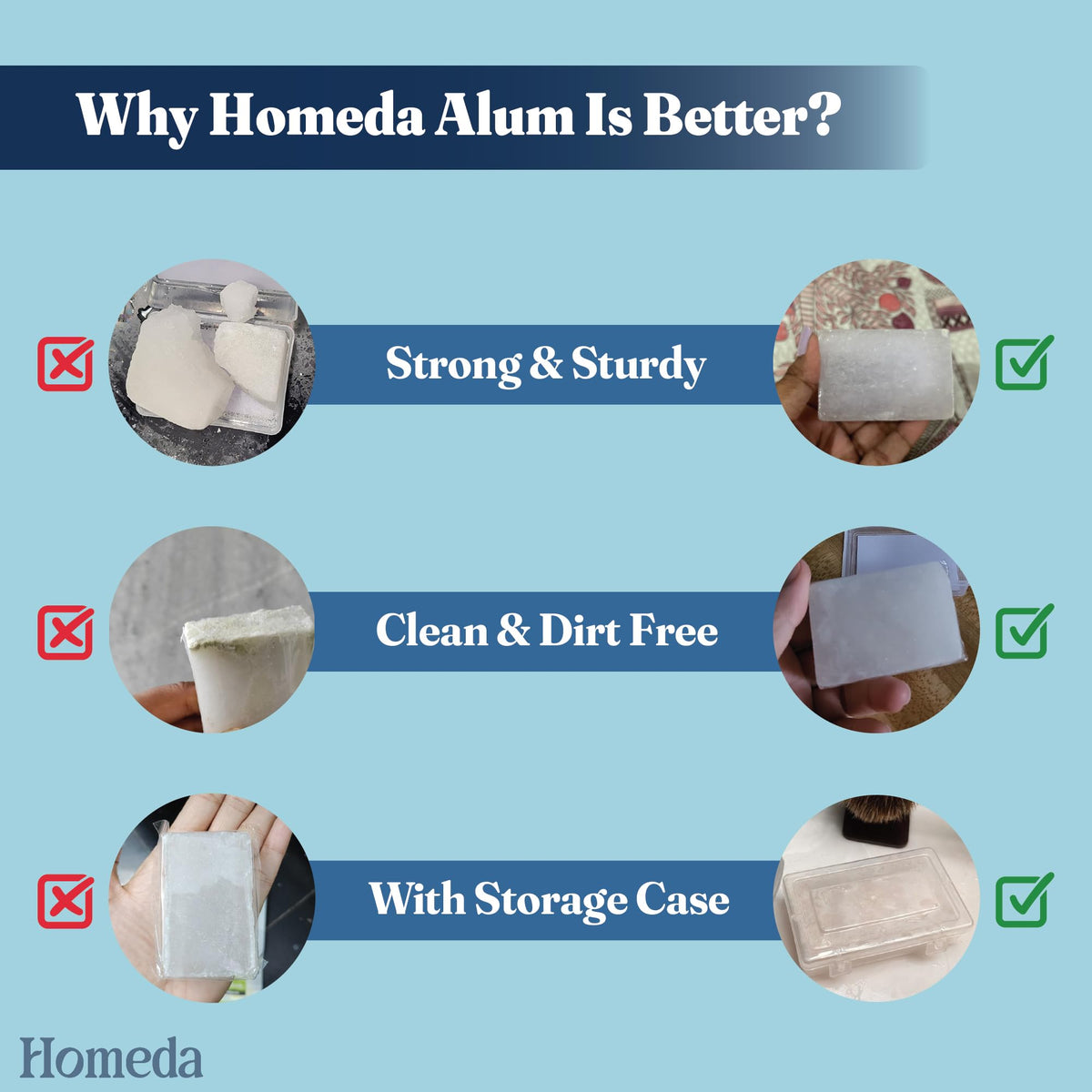 Homeda alum block in hand to show 100g scale and long-lasting grooming value