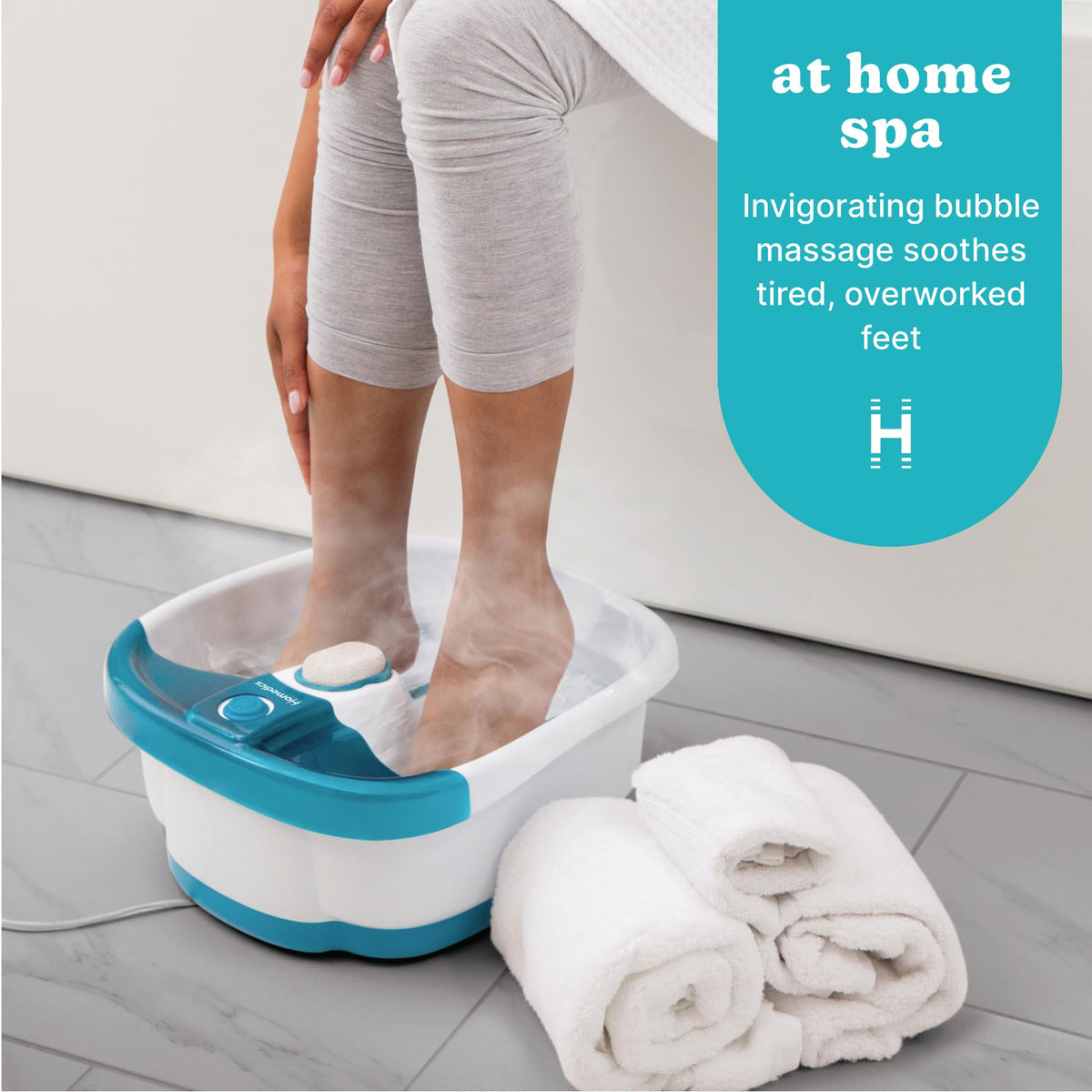 HoMedics close-up of toe-touch control panel for hands-free convenience benefit