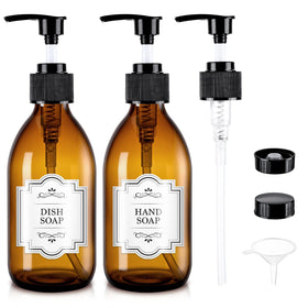 HomePicker amber glass front view showing two elegant refillable dispensers and labels for organization