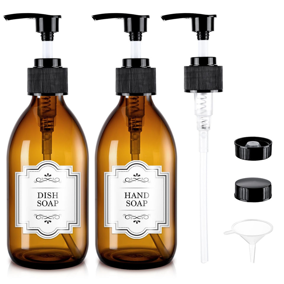 HomePicker amber glass front view showing two elegant refillable dispensers and labels for organization