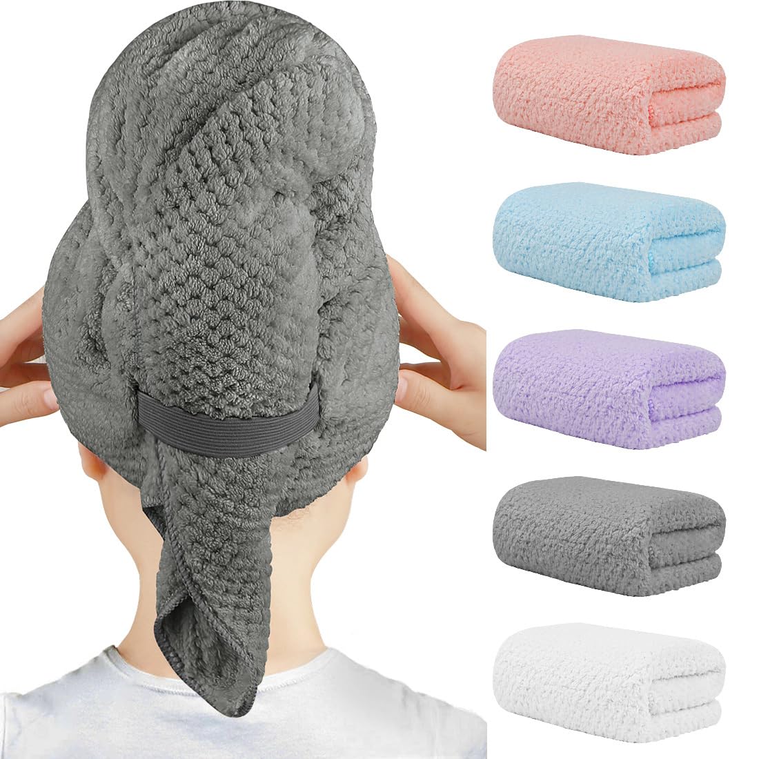 HOMEXCEL front view of five microfiber turban towels, quick drying benefit