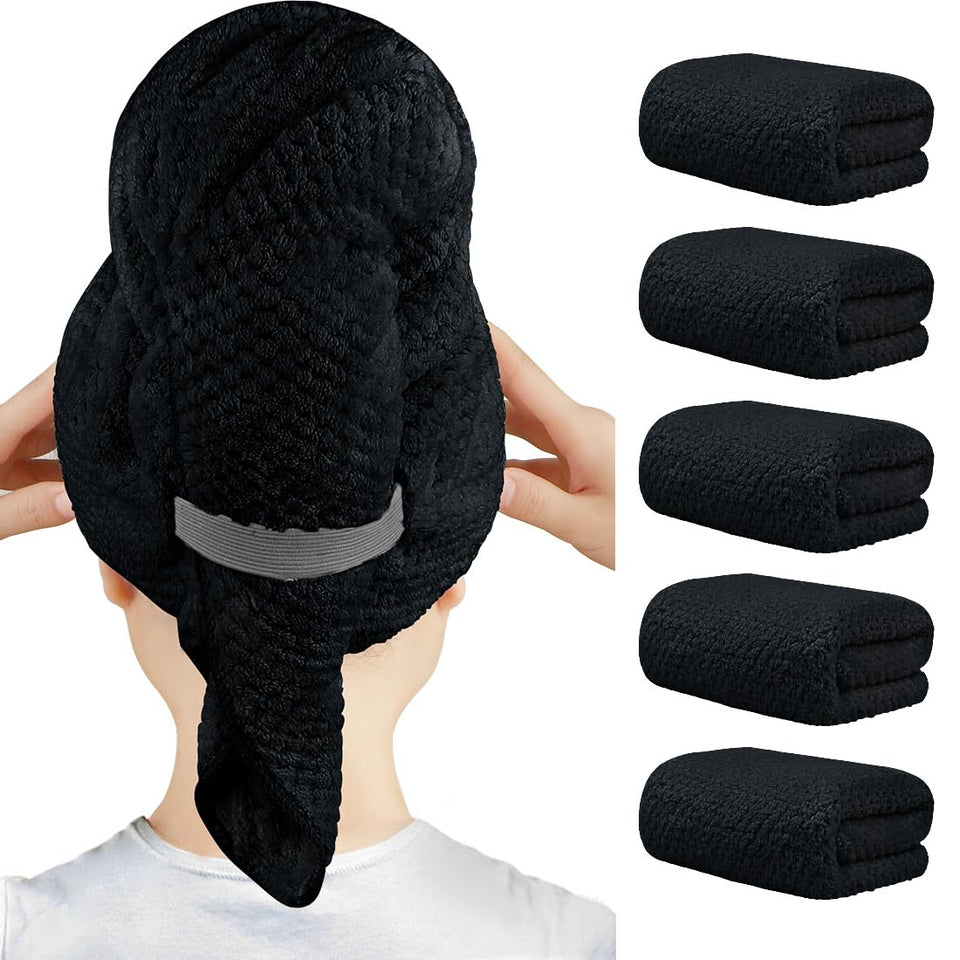 HOMEXCEL front packaging showing five large black towel turbans and value pack