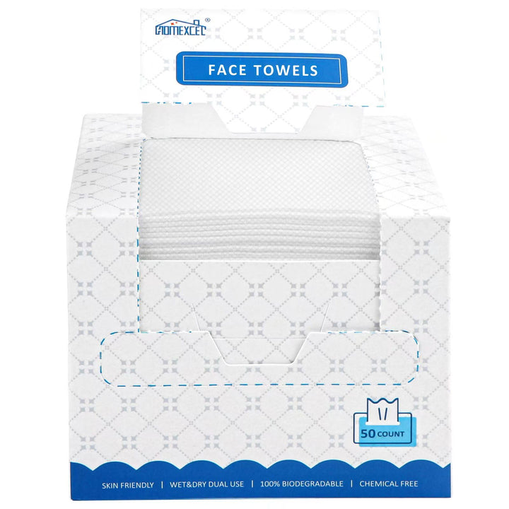 HOMEXCEL front packaging showing 50-count biodegradable towels for travel