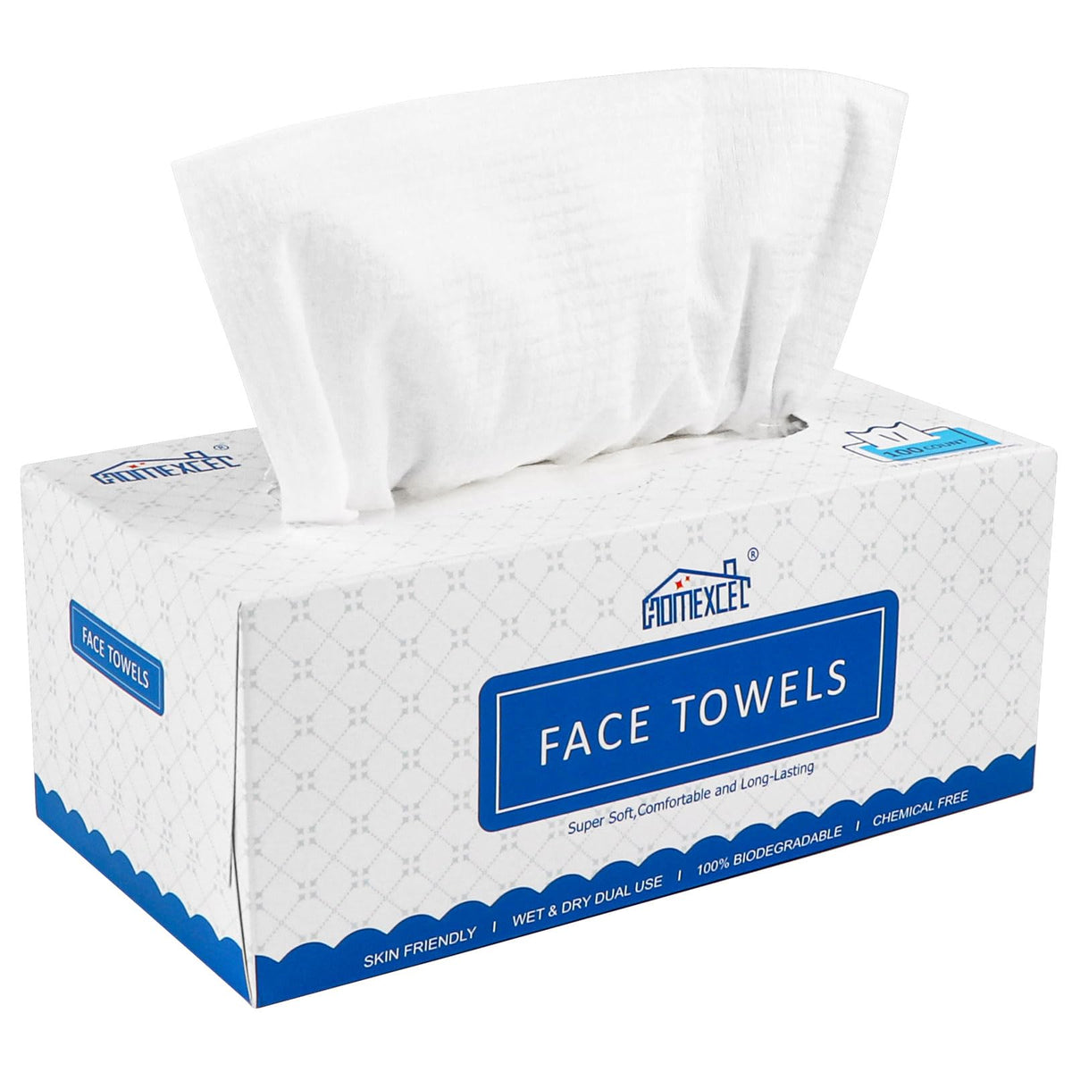 HOMEXCEL front packaging showing 100-count biodegradable face towels and features