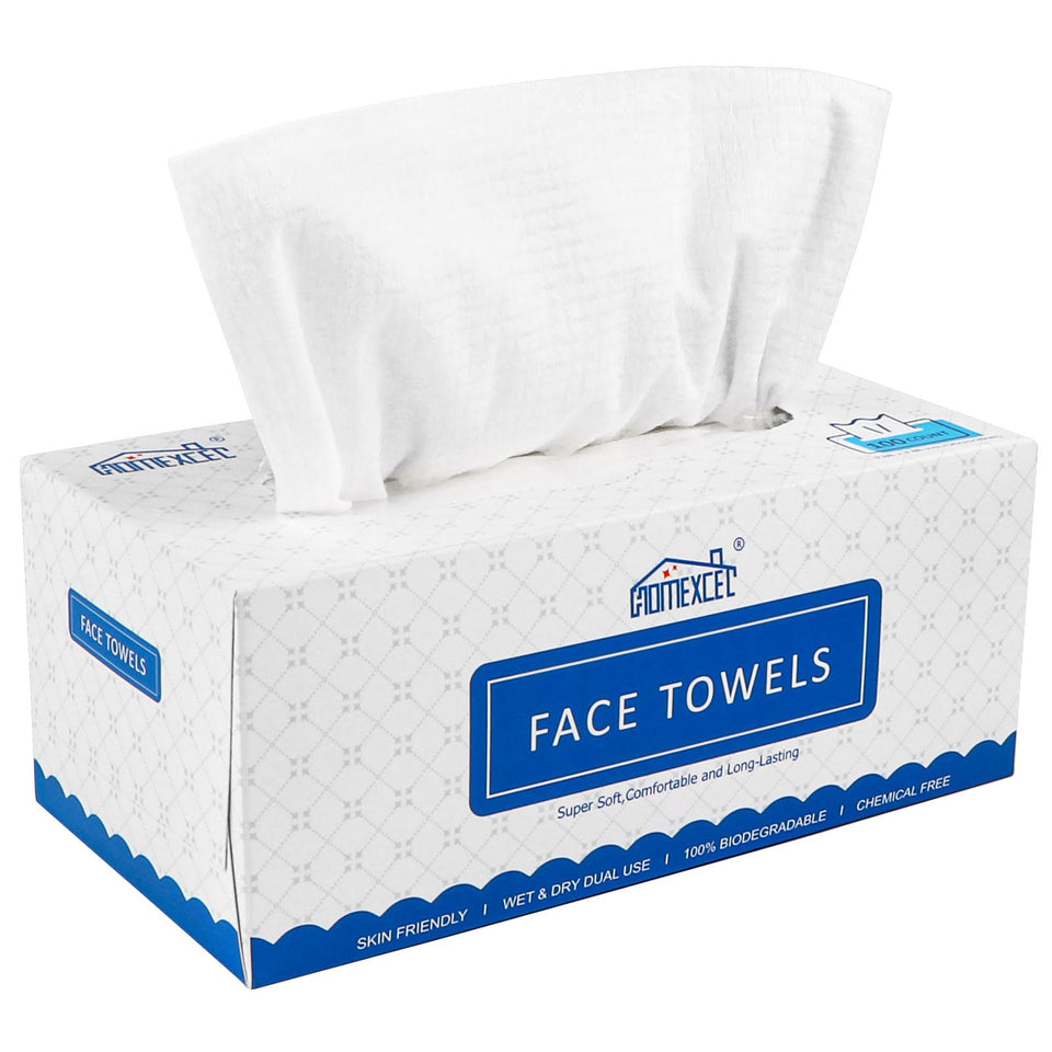 HOMEXCEL front packaging showing 100-count biodegradable face towels and features