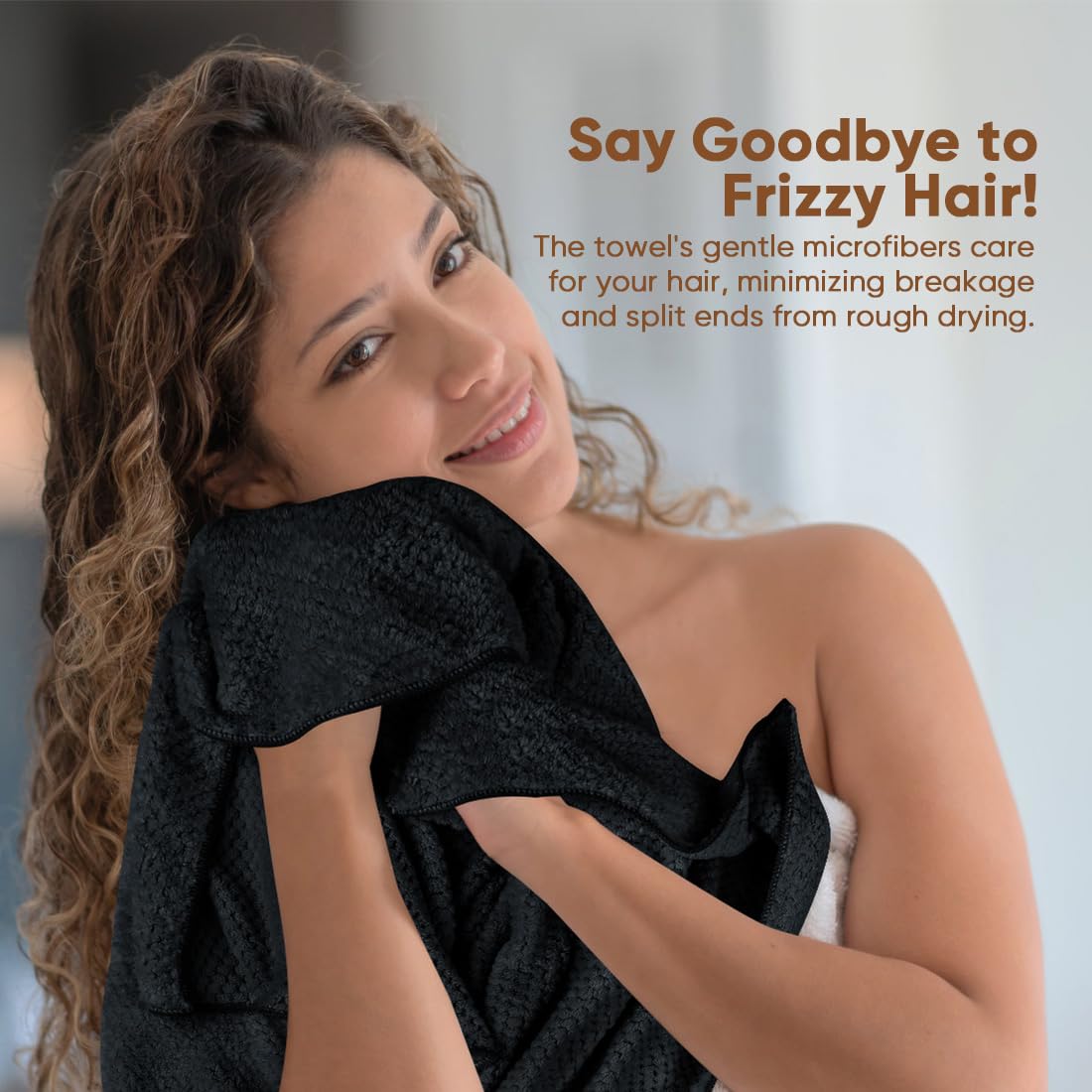 HOMEXCEL wrap worn on long curly hair demonstrating secure anti-frizz fit