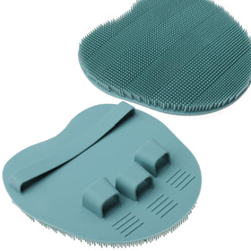 HOMMIESAFE brush next to body wash showing compatibility with shower gels