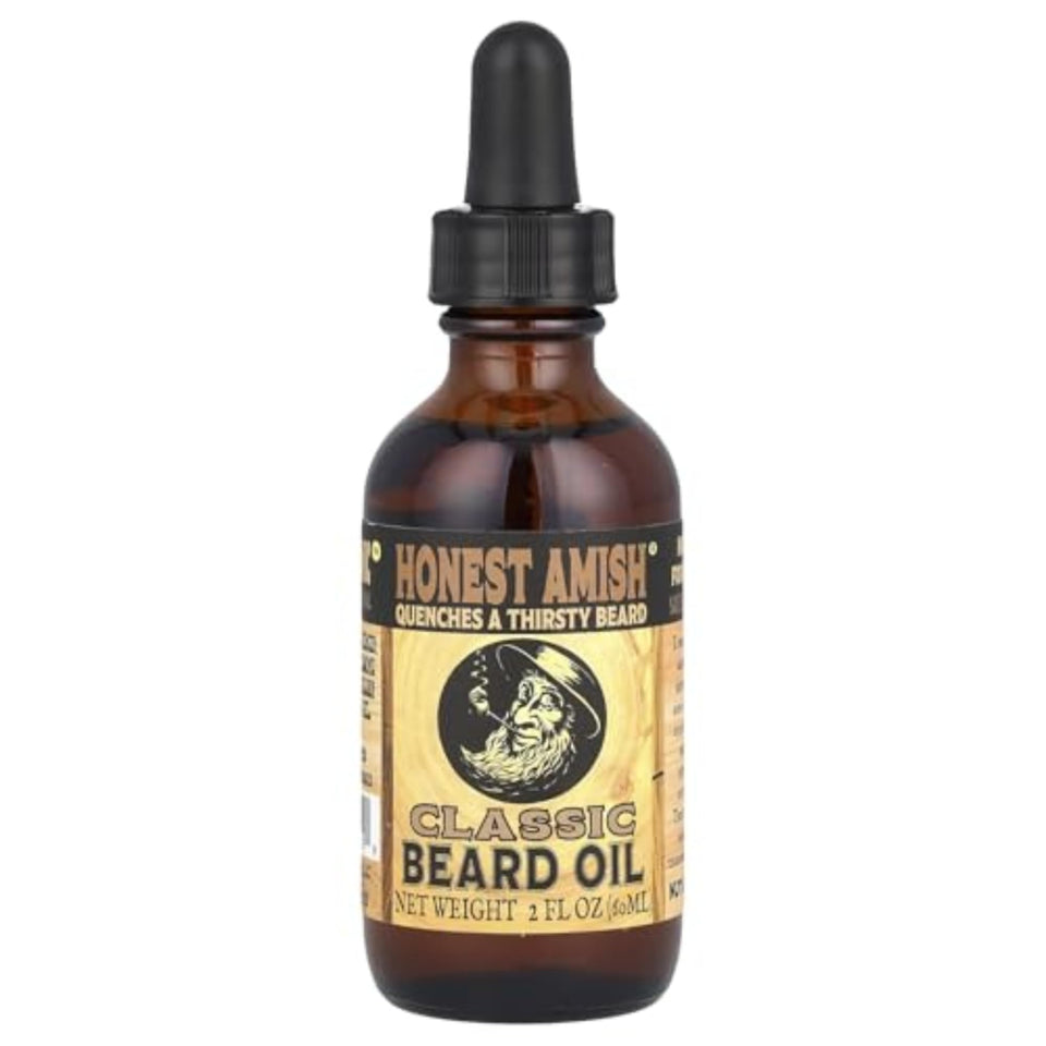 Honest Amish Classic Beard Oil front bottle showing label and size benefits