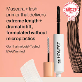 Honest Beauty dual-ended tube close-up showing built-in primer and mascara benefits