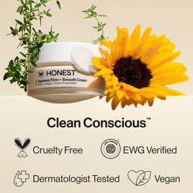Honest Beauty applied to face and neck display for firmer, smoother appearance