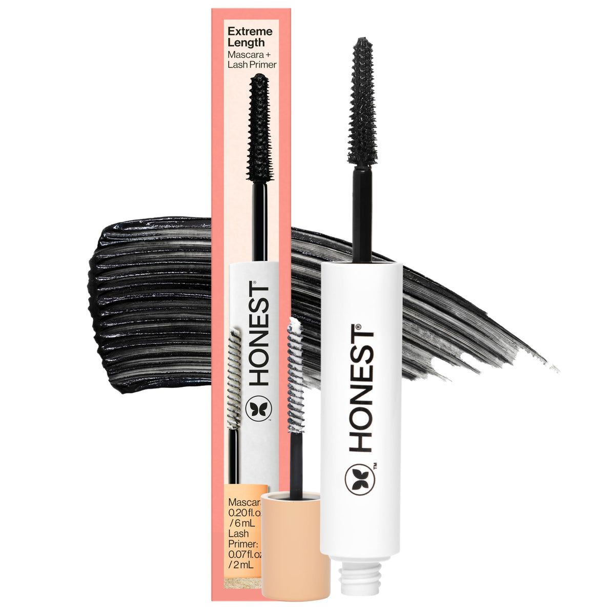 Honest Beauty front packaging showing dual-ended mascara and primer, clear product identity and benefit
