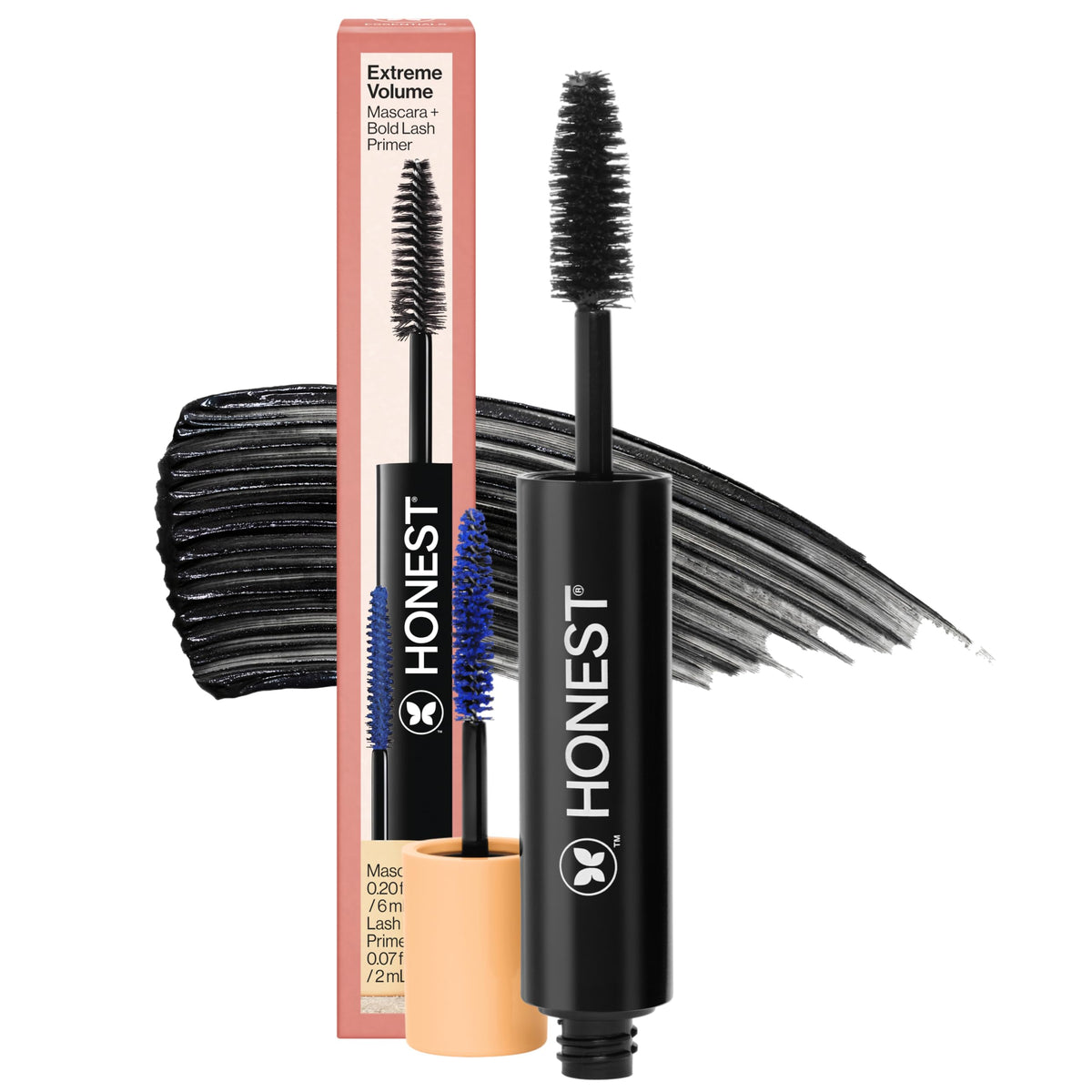 Honest Beauty front packaging showing dual-ended mascara and bold primer benefit