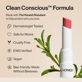 Honest Beauty applied on lips in use illustrating hydrated, dewy finish and natural color