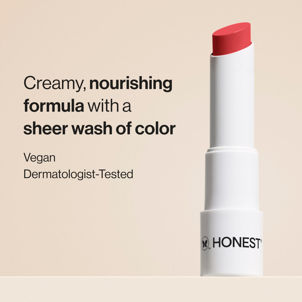 Honest Beauty open twist-up stick showing balm tip and convenient application benefit
