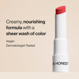 Honest Beauty open twist-up stick showing balm tip and convenient application benefit