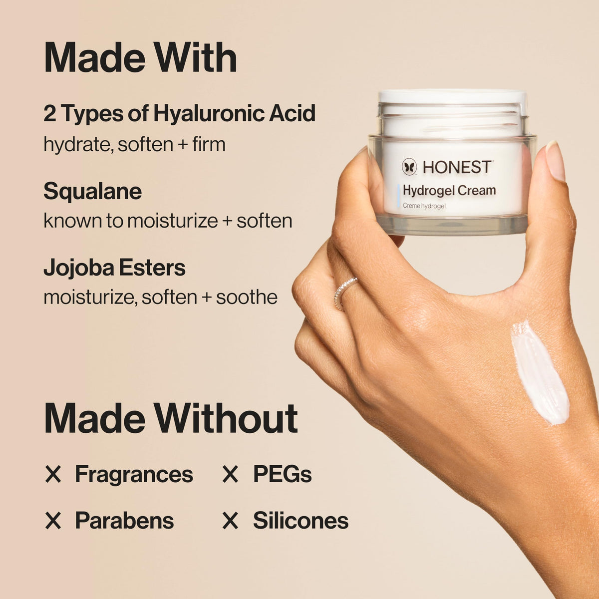 Honest Beauty ingredient list close-up highlighting hyaluronic and squalane