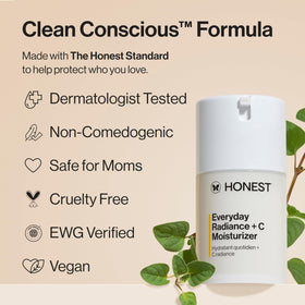Honest Beauty bottle of Vitamin C ingredient nearby to show antioxidant benefit