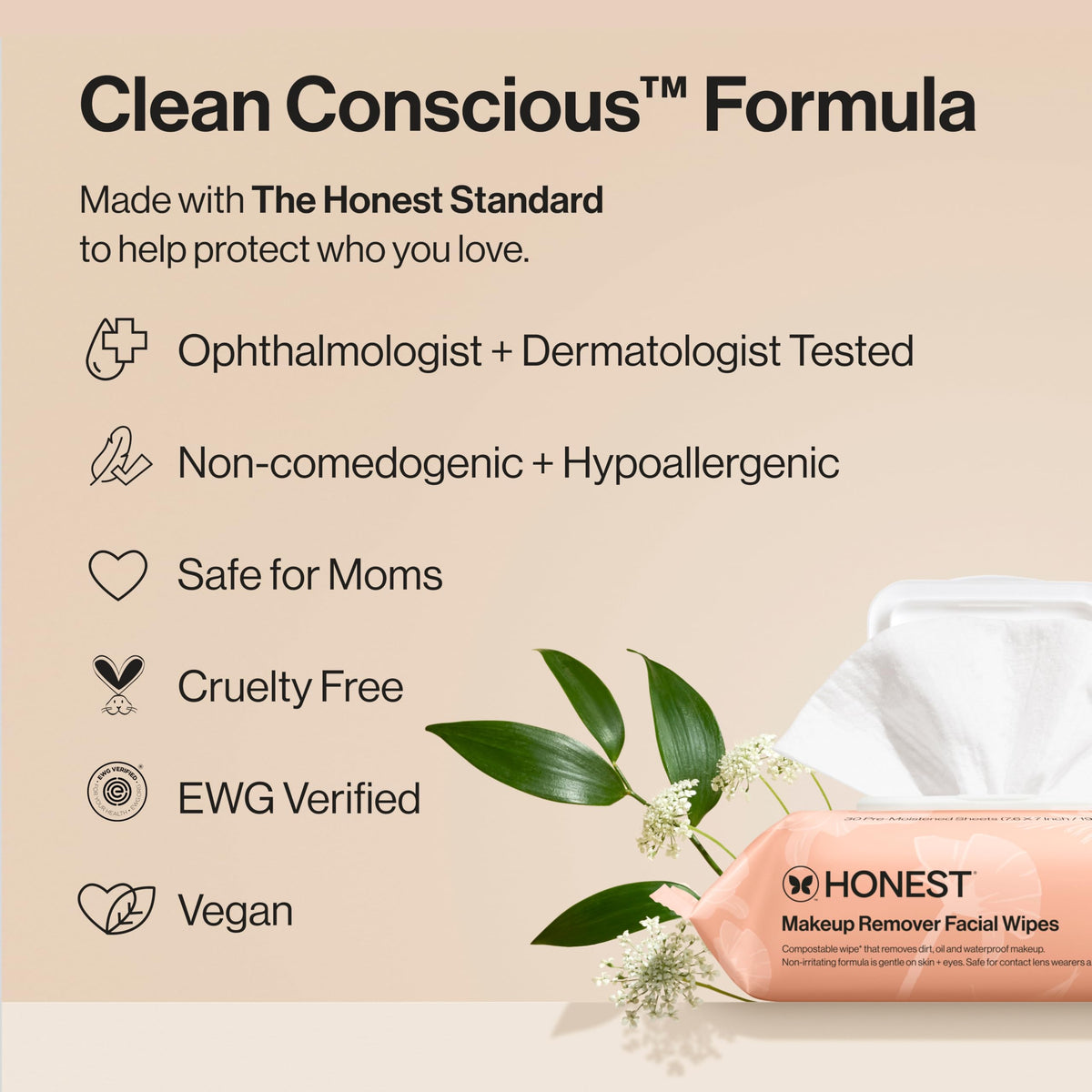 Honest Beauty ingredient label showing plant-based and free-from list