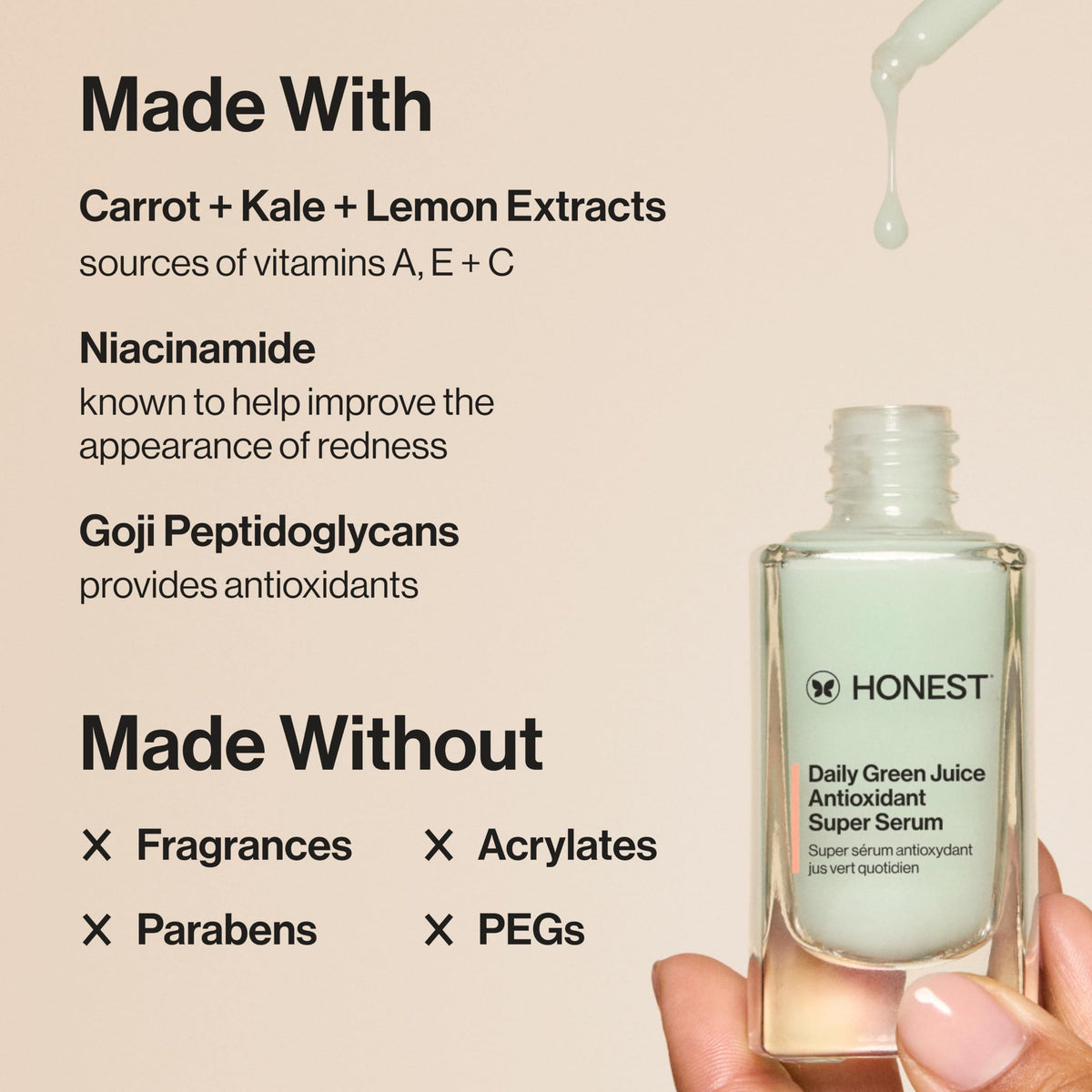 Honest Beauty ingredients close-up with goji, kale, carrot emphasizing antioxidants
