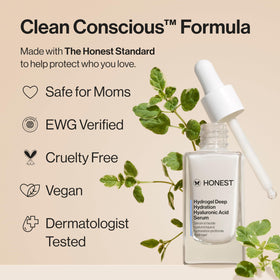 Honest Beauty ingredients label highlighting hyaluronic acid and NMF benefits