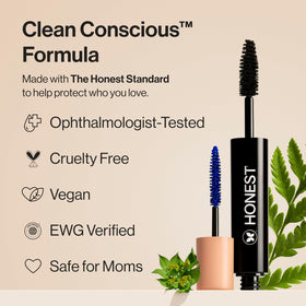 Honest Beauty mascara applied on lashes demonstrating thicker-looking lift