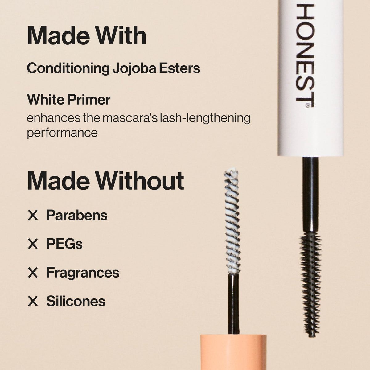 Honest Beauty mascara wand with molded bristles delivering length and separation