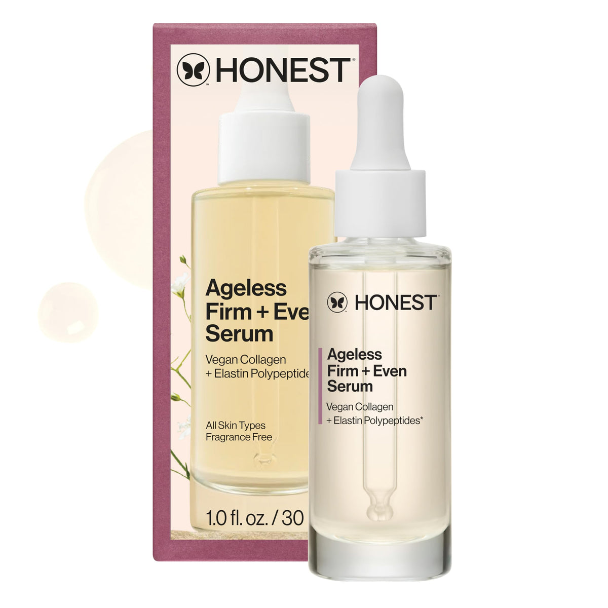 Honest Beauty front bottle view showing 1 fl oz serum and clean minimal packaging benefit