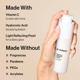 Honest Beauty clear serum texture droplet on fingertip shows lightweight hydration