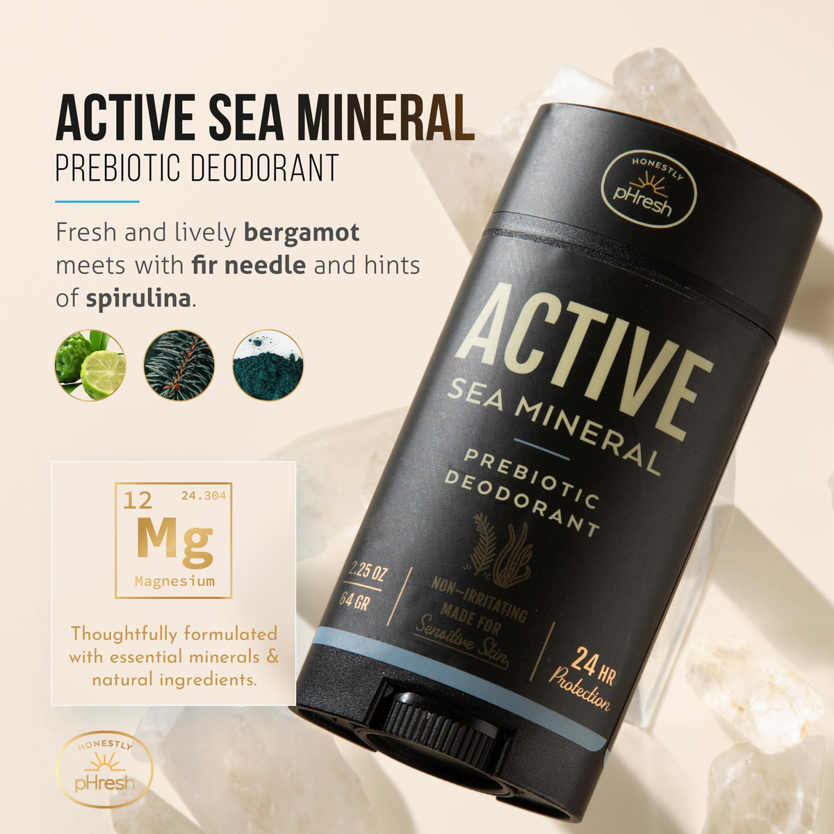 Honestly pHresh label close-up listing prebiotics and minerals benefits