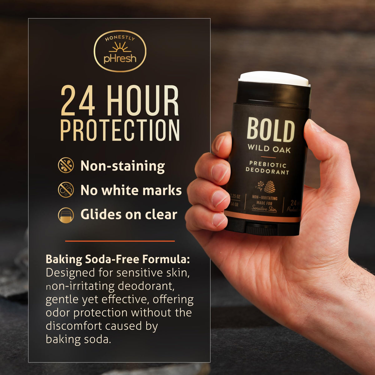 Honestly pHresh Wild Oak label detail showing scent notes benefit: bold earthy aroma
