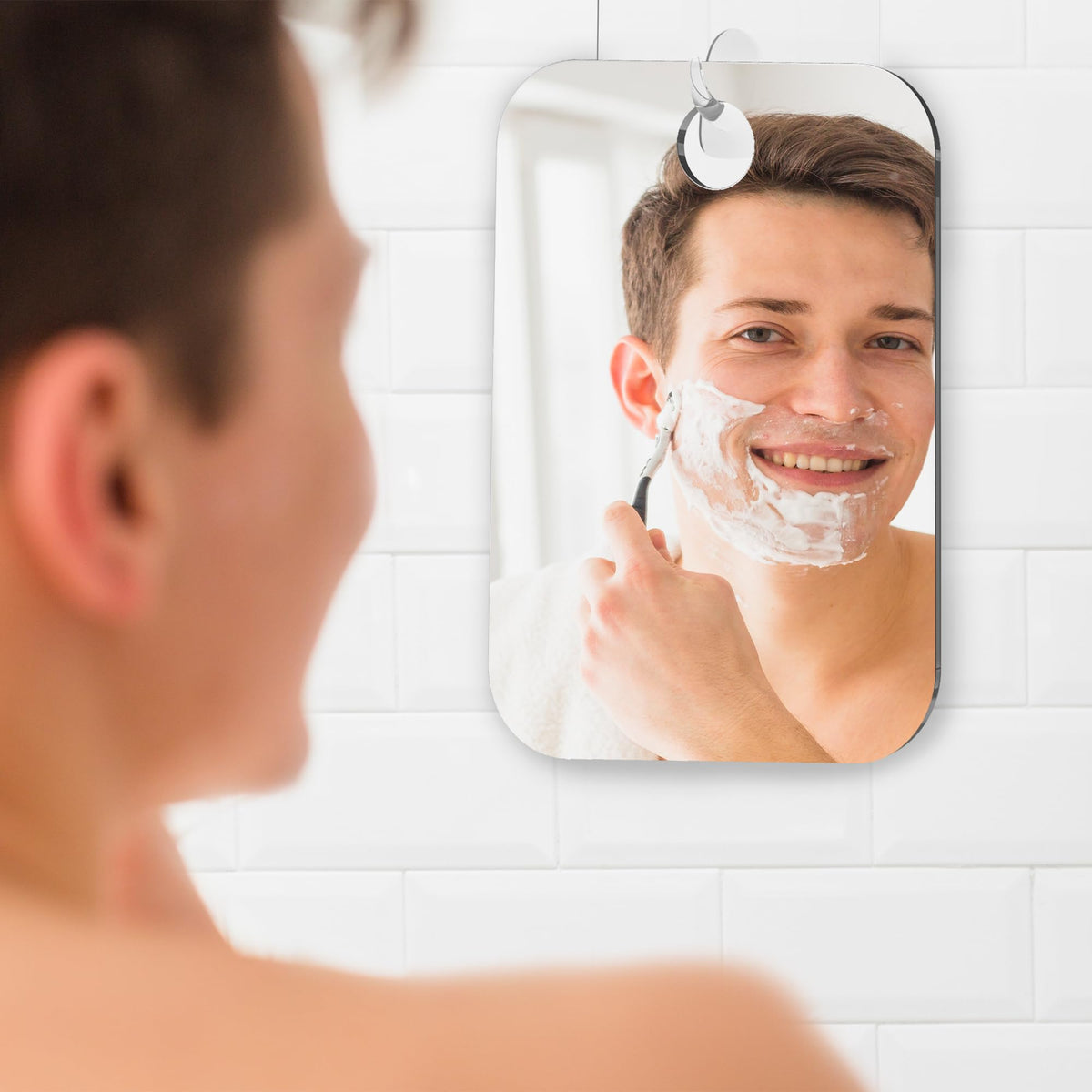 HONEYBULL mirror mounted in a bathroom lifestyle scene showing tidy grooming setup