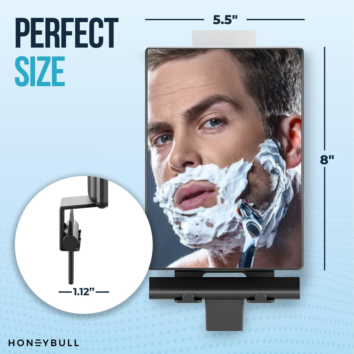 HONEYBULL mirror held by hand to show compact size and portability