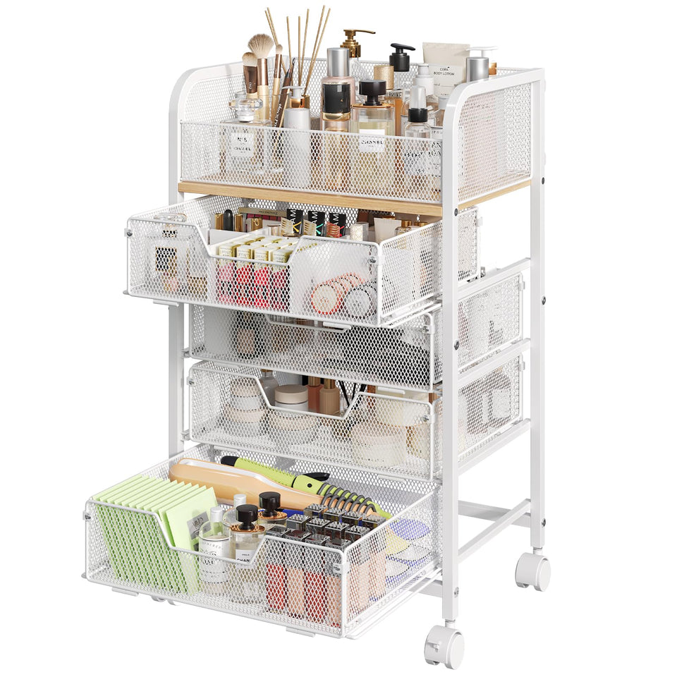 Hongtamoya front view of white makeup cart showing compact storage benefits