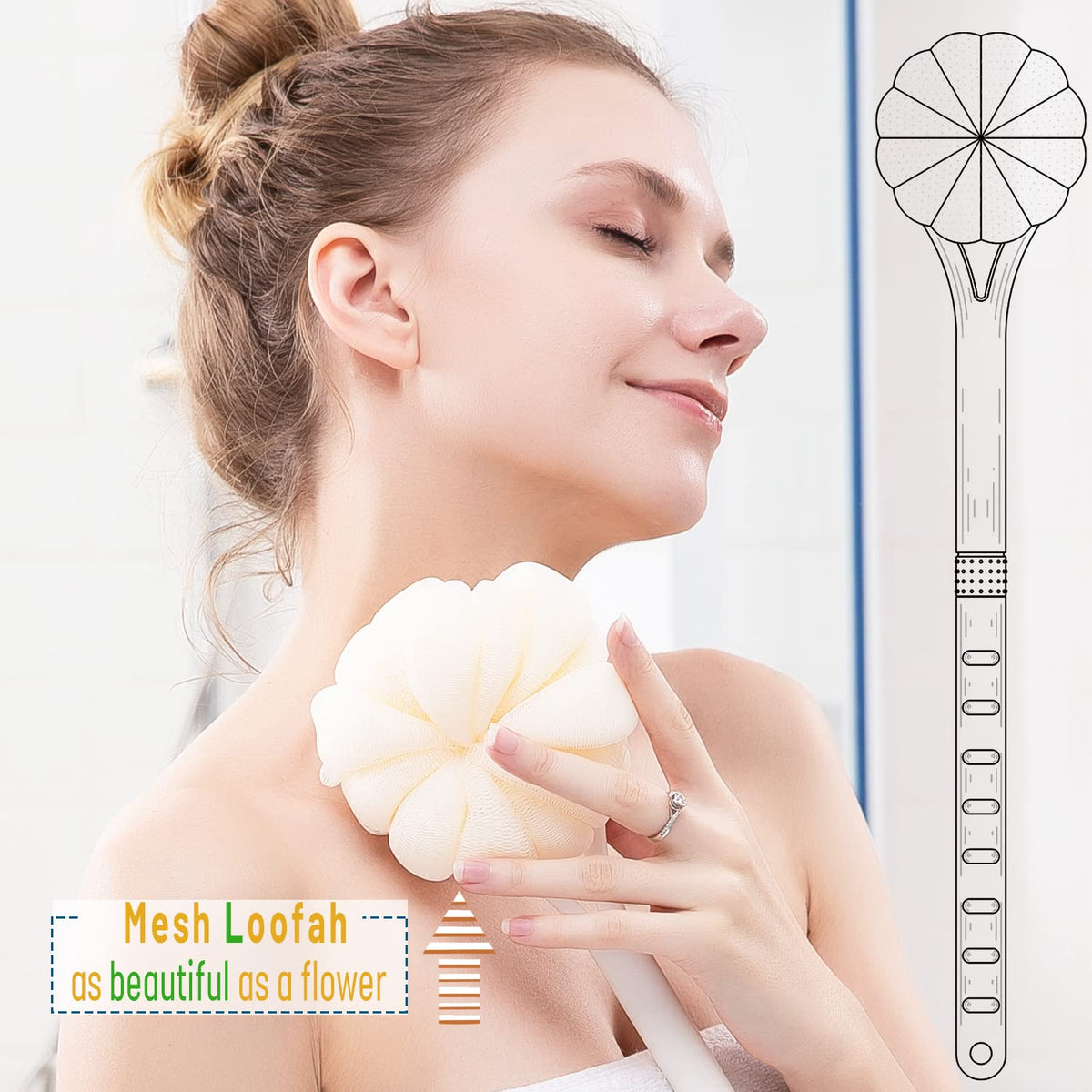 HONOMA brush in a shower setting demonstrating ease of use for hard-to-reach areas benefit