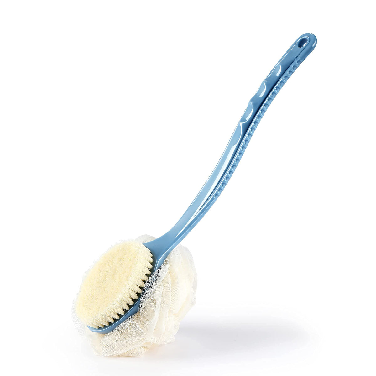 HONOMA front view of blue dual-sided shower brush showing both loofah and bristles for versatile cleansing