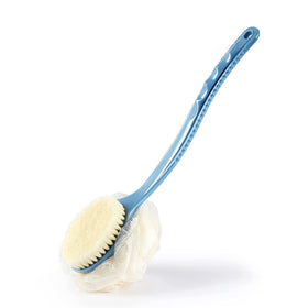 HONOMA front view of blue dual-sided shower brush showing both loofah and bristles for versatile cleansing