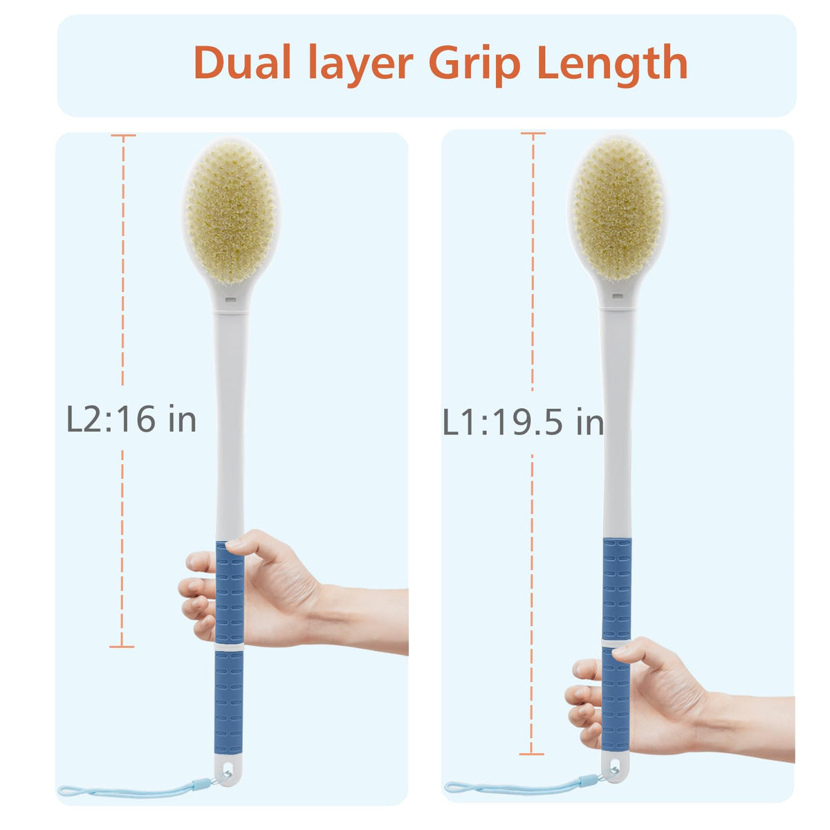 HONOMA brush in use on back under shower for easier cleansing