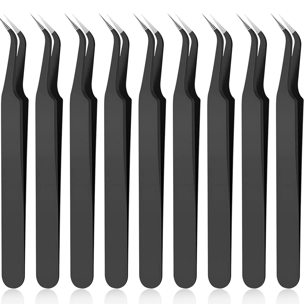 Honoson front view of nine black tweezers showing set and compact storage benefit