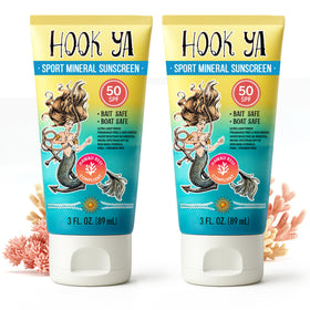 Hook'Ya front packaging showing two travel 3oz tubes and SPF 50 protection