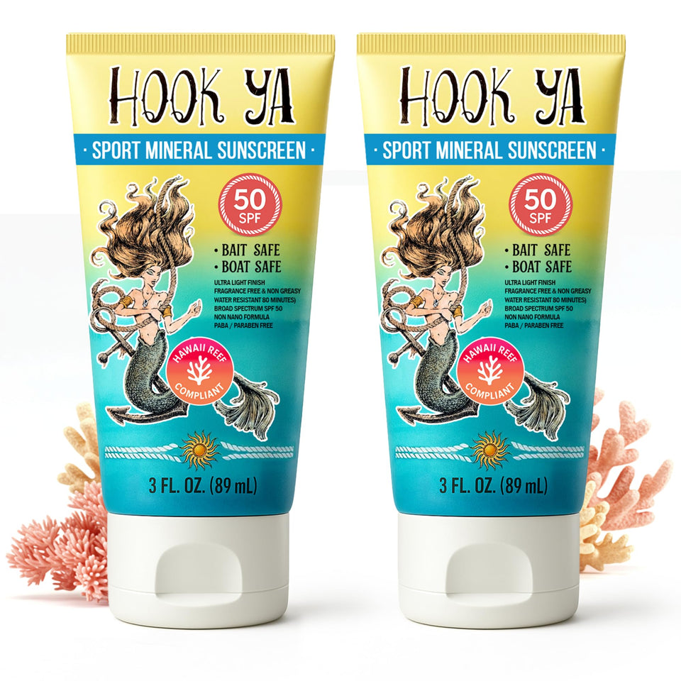 Hook'Ya front packaging showing two travel 3oz tubes and SPF 50 protection